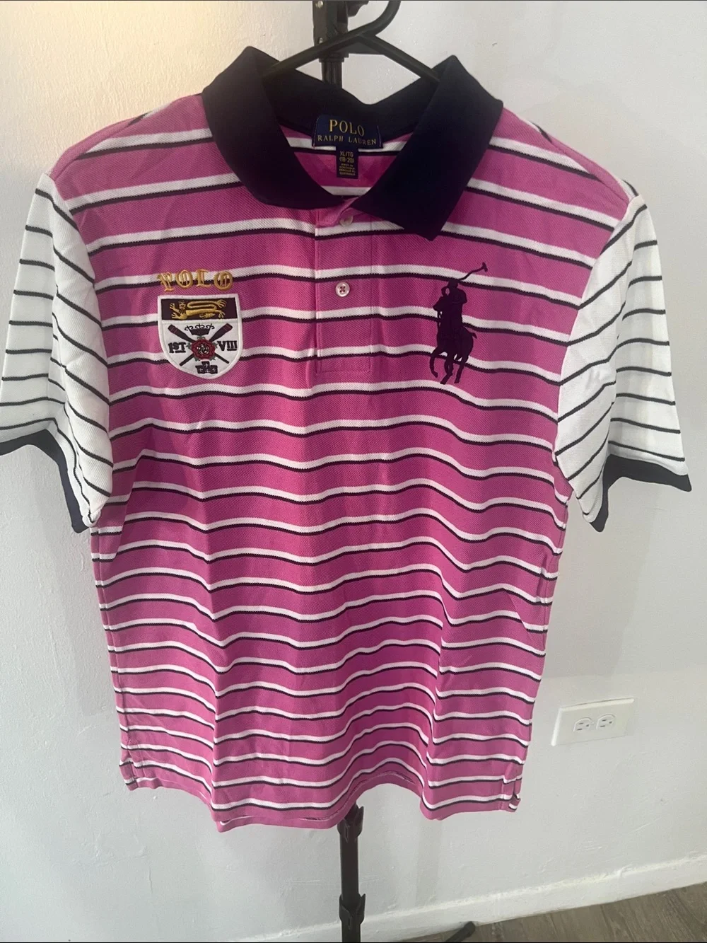 Polo by Ralph Lauren Men's Magenta Striped Polo with Crest